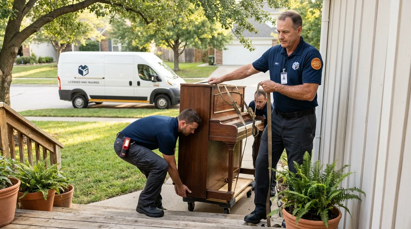 Licensed piano movers securing grand piano in Rowley, MA