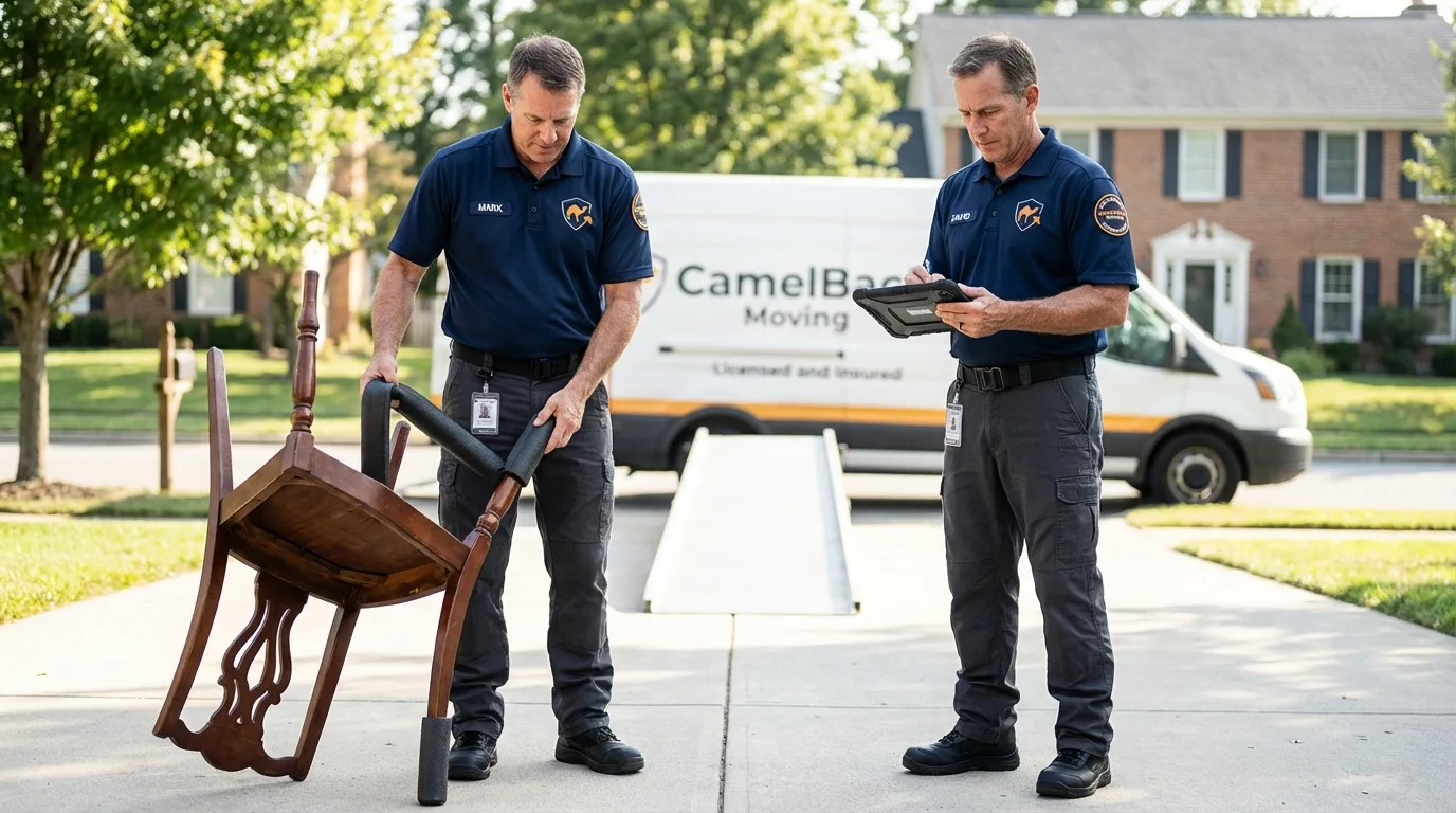 Movers inspecting furniture for damage prevention before loading in Rowley, MA