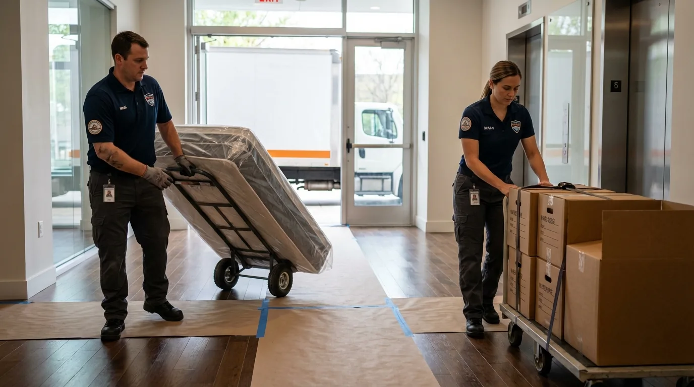 Professional apartment movers loading elevator in Rowley, MA