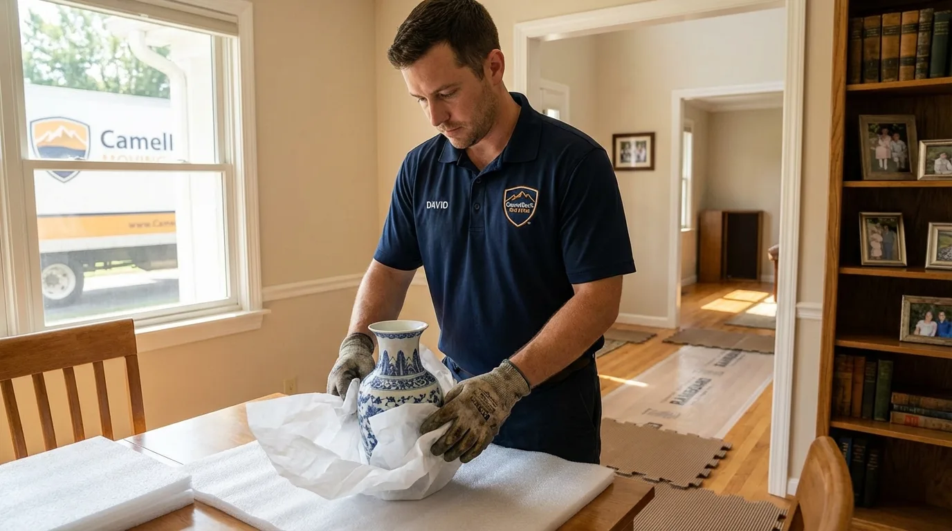 Professional crew carefully wrapping antique vase for senior downsizing move in Rowley, MA